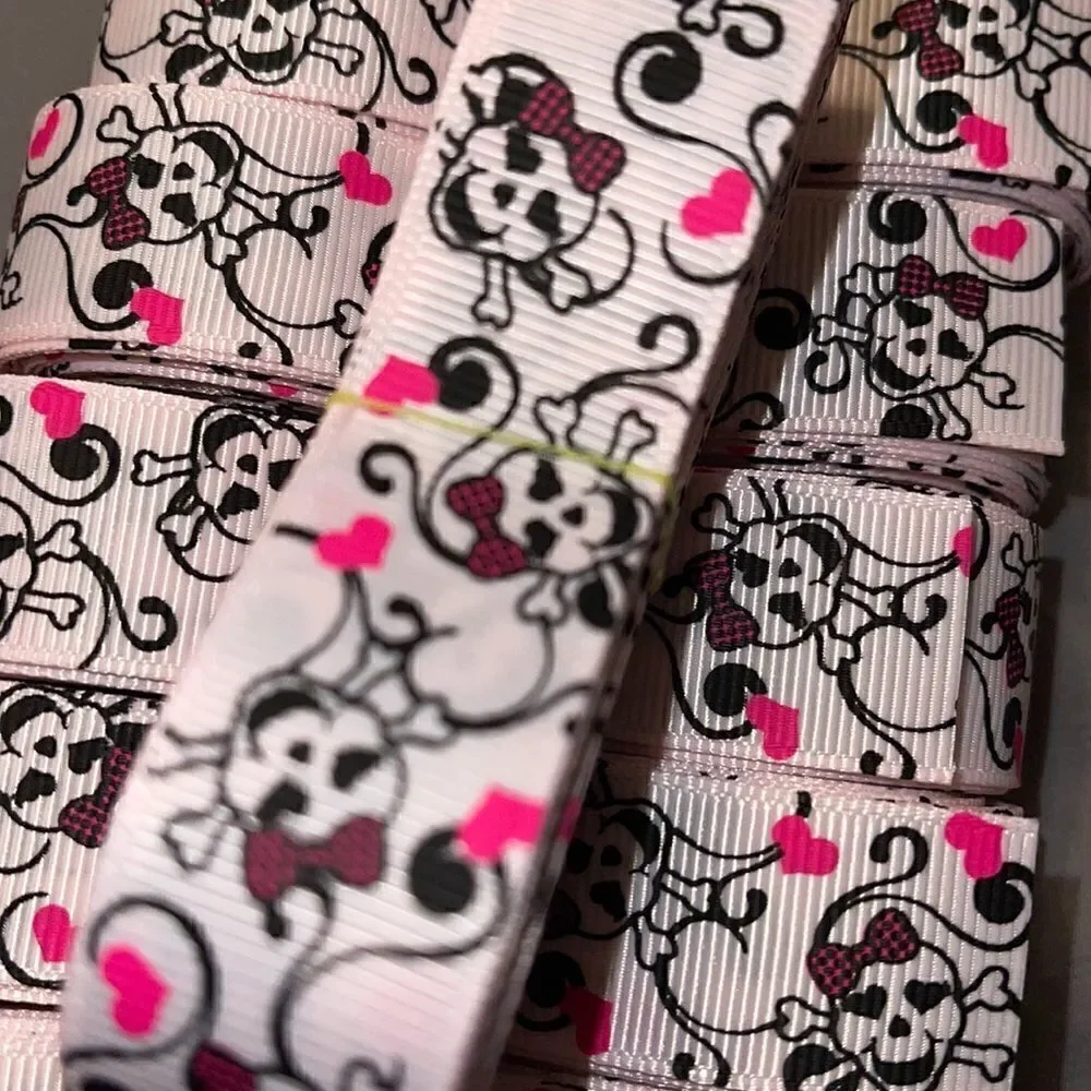 grosgrain Ribbon 7/8” NEW 5 yards beauty skulls checkers hot pink bow scrolls